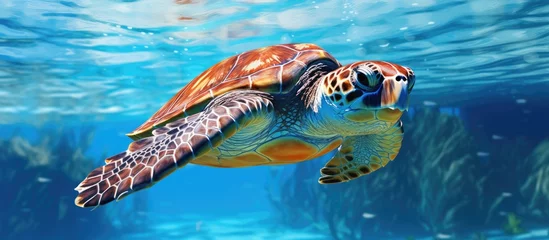  Bitten sea turtle swims slowly in blue water. © AkuAku