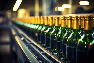 Foto op Plexiglas Vine  bottles filling on the conveyor belt in the factory.  © Tatyana