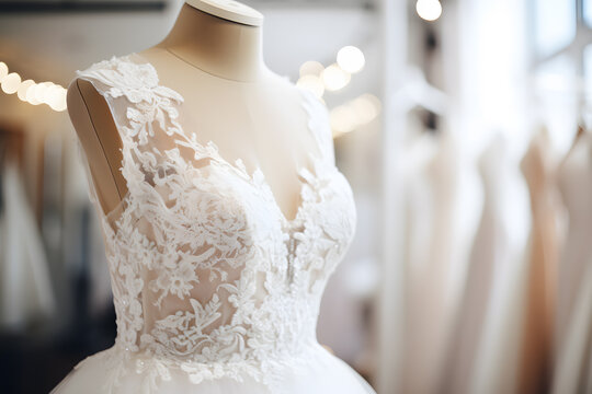 Close up of beautiful wedding lace dress on mannequin in bridal shop