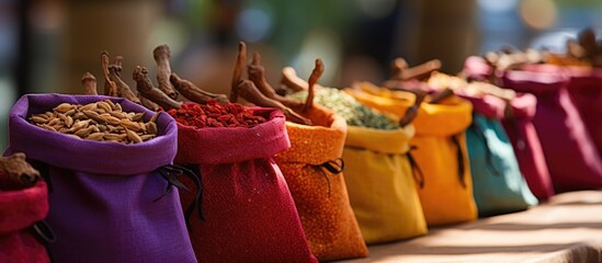 Vibrant spice bags found at Seychelles market - obrazy, fototapety, plakaty
