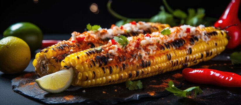 Barbecue and grill party ideas: Mexican elotes with cheese, chili pepper, and lemon, on a dark stone table.