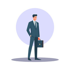 Standing businessman in suit holding a briefcase flat design vector illustration.