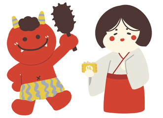 金棒を持った赤鬼と福豆を持った福のイラスト