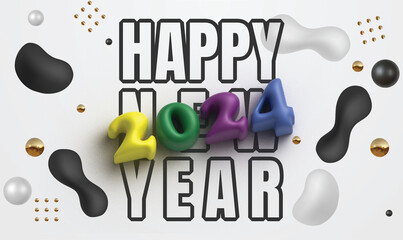 Wish a happy new year 2024 in illustration with typography colorful lettering with illustration shapes and circles in gold, and silver color in 3D effect