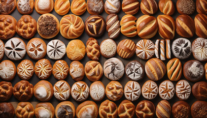 Top view of several artisan breads arranged in an artistic pattern, offerings from a bakery