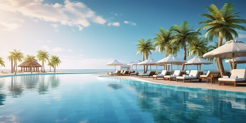 Luxurious beach resort with swimming pool and beach chairs or loungers umbrellas with palm trees and blue sky - Powered by Adobe