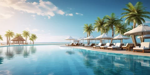 Fotobehang Luxurious beach resort with swimming pool and beach chairs or loungers umbrellas with palm trees and blue sky © Intelligence Studio
