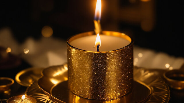 a lit candle sitting on top of a gold plate, a still life by Wolfgang Zelmer, trending on unsplash, symbolism, flickering light, photo taken with ektachrome, glitter