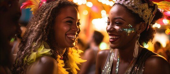 Women bonding in costume at a Rio carnival party.
