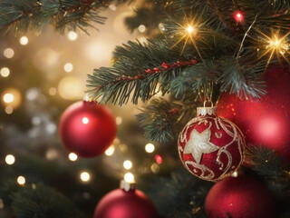 Fototapeta na wymiar Christmas tree with red Christmas balls on a golden bokeh sparkling background.