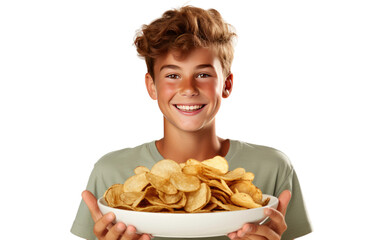 Smiling Face Teen Boy Rejects Potato Chips Isolated on a Transparent Background PNG.