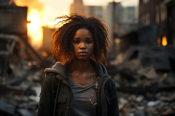Desperate African teenager girl looking in camera  ruins of bombed destroyed house building due to war conflict area on background. Effect from war humanity mankind loss and waste big loss concept. - obrazy, fototapety, plakaty