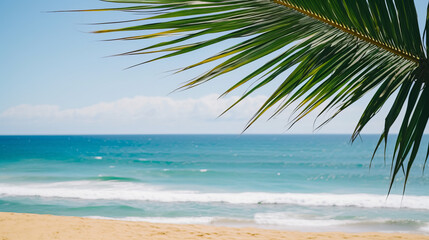 Tropical beach: palm tree, azure waves, clear sky, and bright sand, capturing the beauty of a tropical paradise