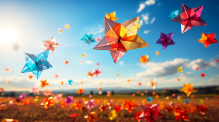 Colorful star paper floating on the water with blue sky background.