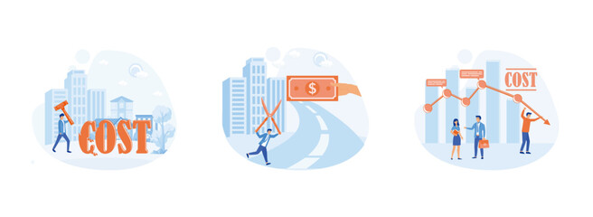 Obraz premium Businessman hammering text cost symbol illustration, cost reduction or cutting budget finance, Budget planning. Cost reduction set flat vector modern illustration