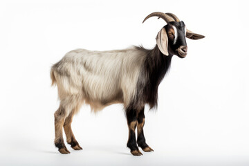 Close up photograph of a full body goat isolated on a solid white background
