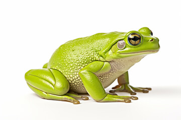 Close up photograph of a full body frog isolated on a solid white background