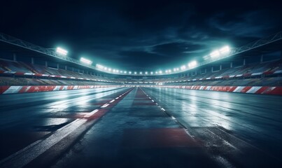Fototapeta na wymiar Asphalt racing track finis race sport stadium at night. Professional digital 3d illustration of racing sports. Generative AI