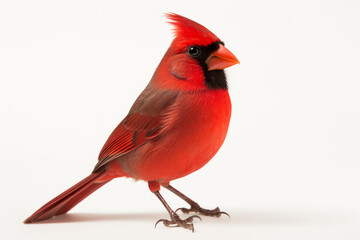 Close up photograph of a full body cardinal isolated on a solid white background