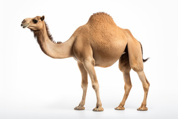 Close up photograph of a full body camel isolated on a solid white background