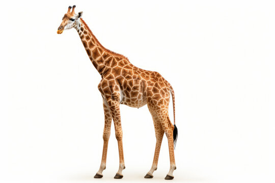 Close up photograph of a full body giraffe isolated on a solid white background