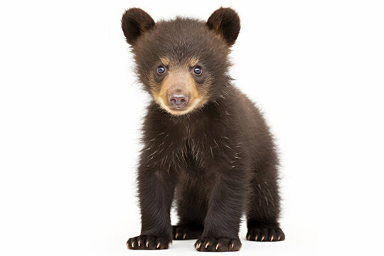 Close up photograph of a full body bear cub isolated on a solid white background