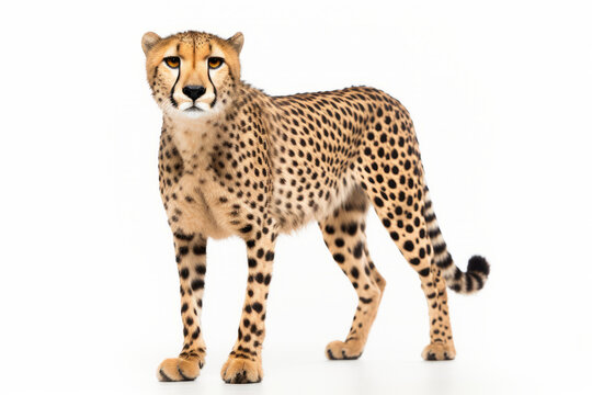 Close up photograph of a full body cheetah isolated on a solid white background