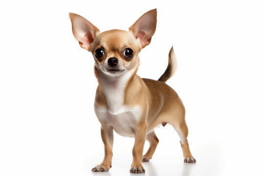 Close up photograph of a full body chihuahua isolated on a solid white background