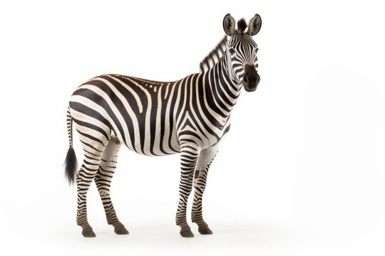 Close up photograph of a full body zebra isolated on a solid white background