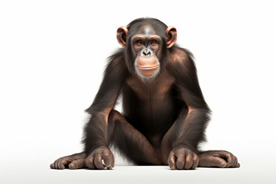 Close up photograph of a full body chimp isolated on a solid white background
