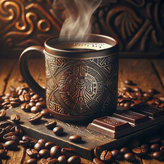 cup of coffee with beans and chocolate