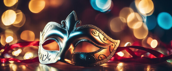 Silver and black masquerade mask with red ribbons on a dark background with blurred lights. - obrazy, fototapety, plakaty