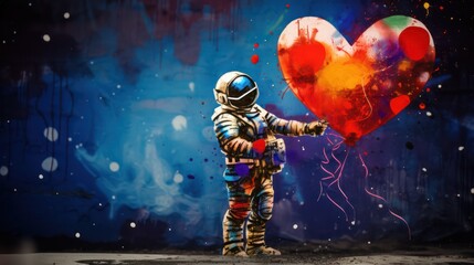 Astronaut with Love Shaped Balloon - obrazy, fototapety, plakaty