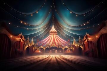 Image from inside a large circus illuminated by beautiful lights in its most incredible presentation, Generative AI - obrazy, fototapety, plakaty