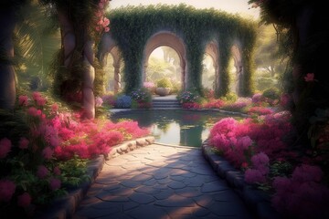 A beautiful secret fairytale garden with flower arches and beautiful tropical forest with colorful vegetation, Generative AI