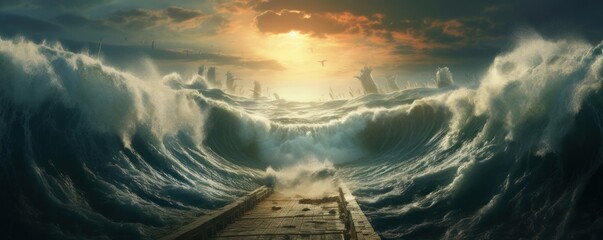 Ocean opening in biblical event of Moses. Opening of the Red Sea. 3D Illustration Rendering. Generative AI