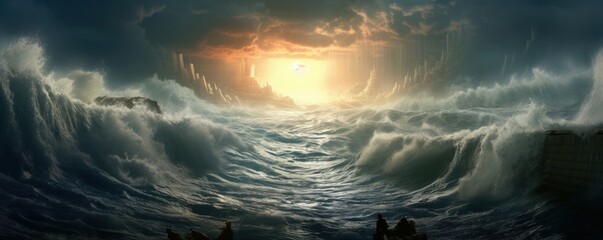 Ocean opening in biblical event of Moses. Opening of the Red Sea. 3D Illustration Rendering. Generative AI - obrazy, fototapety, plakaty