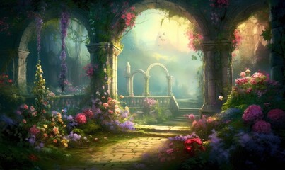 A beautiful secret fairytale garden with flower arches and colorful greenery. Generative AI