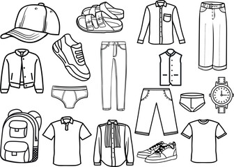Set of Clothes, fashion Line Icons. jeans, jacket, shoes, shirts, backbag ...., Apparel vector, black sketchy style Illustration Hand drawn collection in various themes. - obrazy, fototapety, plakaty