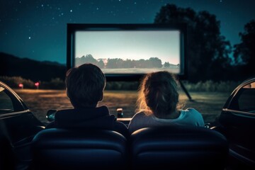 Couple in a car watching a movie on an outdoor cinema big screen, for drive-in cinema cinema concept, Generative AI