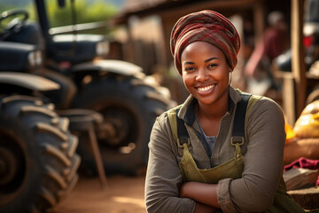 An African woman in a turban smiles directly at the camera against the backdrop of a large tractor outdoors. Agriculture and village life concept. - obrazy, fototapety, plakaty