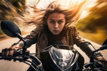 Obraz na płótnie Canvas Young attractive woman driving a motorbike on a road, fast speed with motion blur. Generative AI