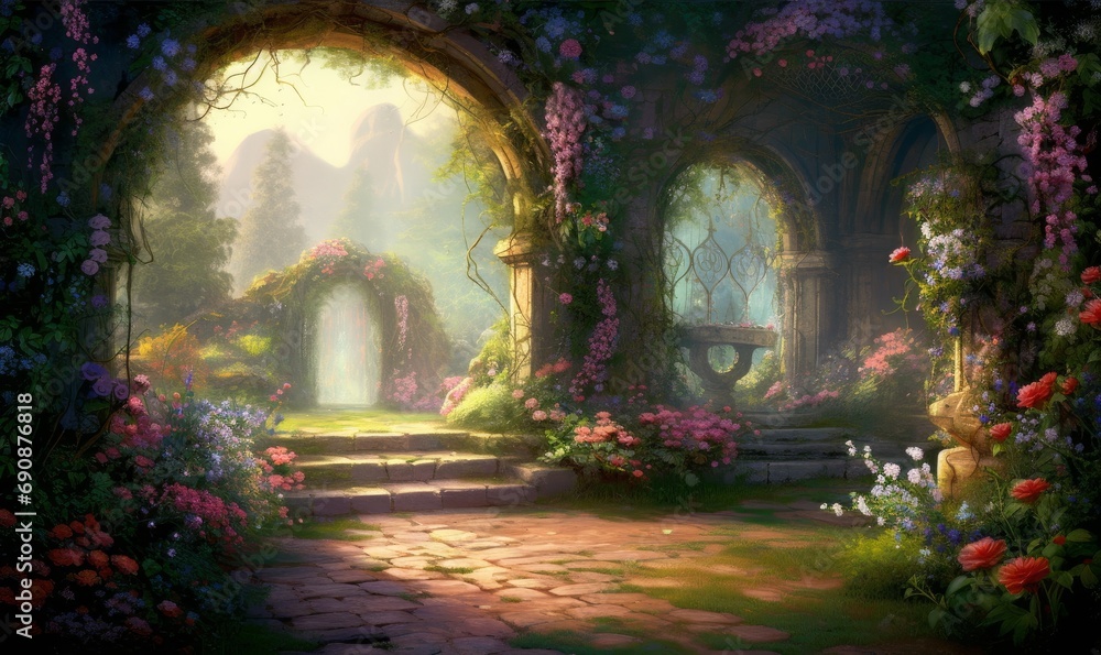 Wall mural A beautiful secret fairytale garden with flower arches and colorful greenery. Illustration, Generative AI