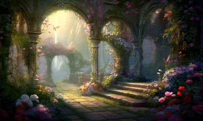 A beautiful secret fairytale garden with flower arches and colorful greenery. Illustration, Generative AI