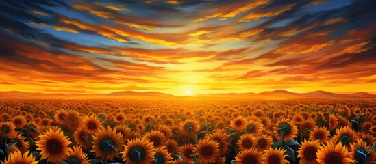Painting's digital structure captures stunning sunset over sunflowers.