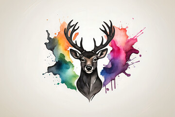 Colorful Watercolor Deer Portrait on Artistic White Canvas, Capturing Nature's Elegance and Expression