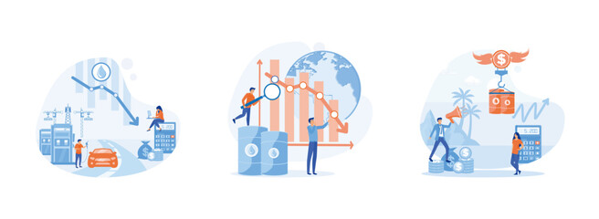 Oil price decreasing, Falling oil prices concept, global increase and management of crude oil cost in stock market. Oil price set flat vector modern illustration