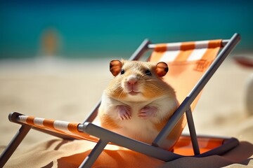 Young hamster relaxing on his sun lounger near a beach. Generative AI