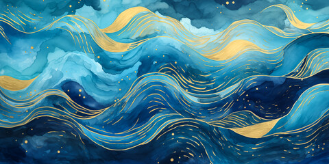 Magical fairytale ocean waves art painting. Unique blue and gold wavy swirls of magic water. Fairytale navy and yellow sea waves. Children’s book waves, kids nursery cartoon illustration by Vita
 - obrazy, fototapety, plakaty