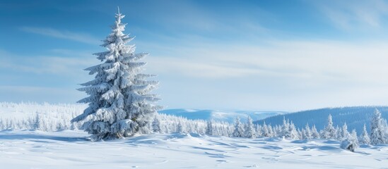 Snow-covered spruce on a mountain.